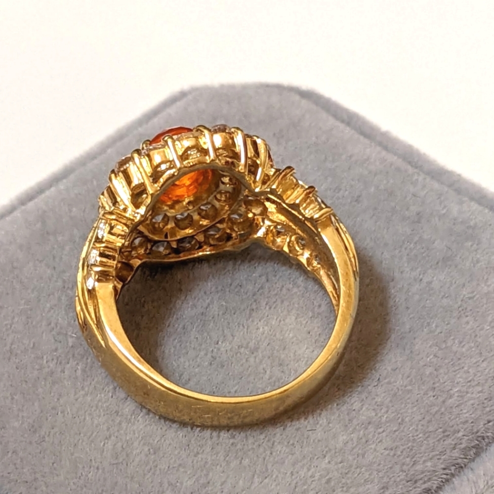 18K Yellow Gold Fire Opal Sapphire Halo Cocktail Ring - Picture 10 of 16